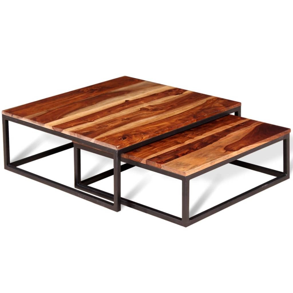 Solid Sheesham Wood Nesting Coffee Table Set with Metal Frame R66843
