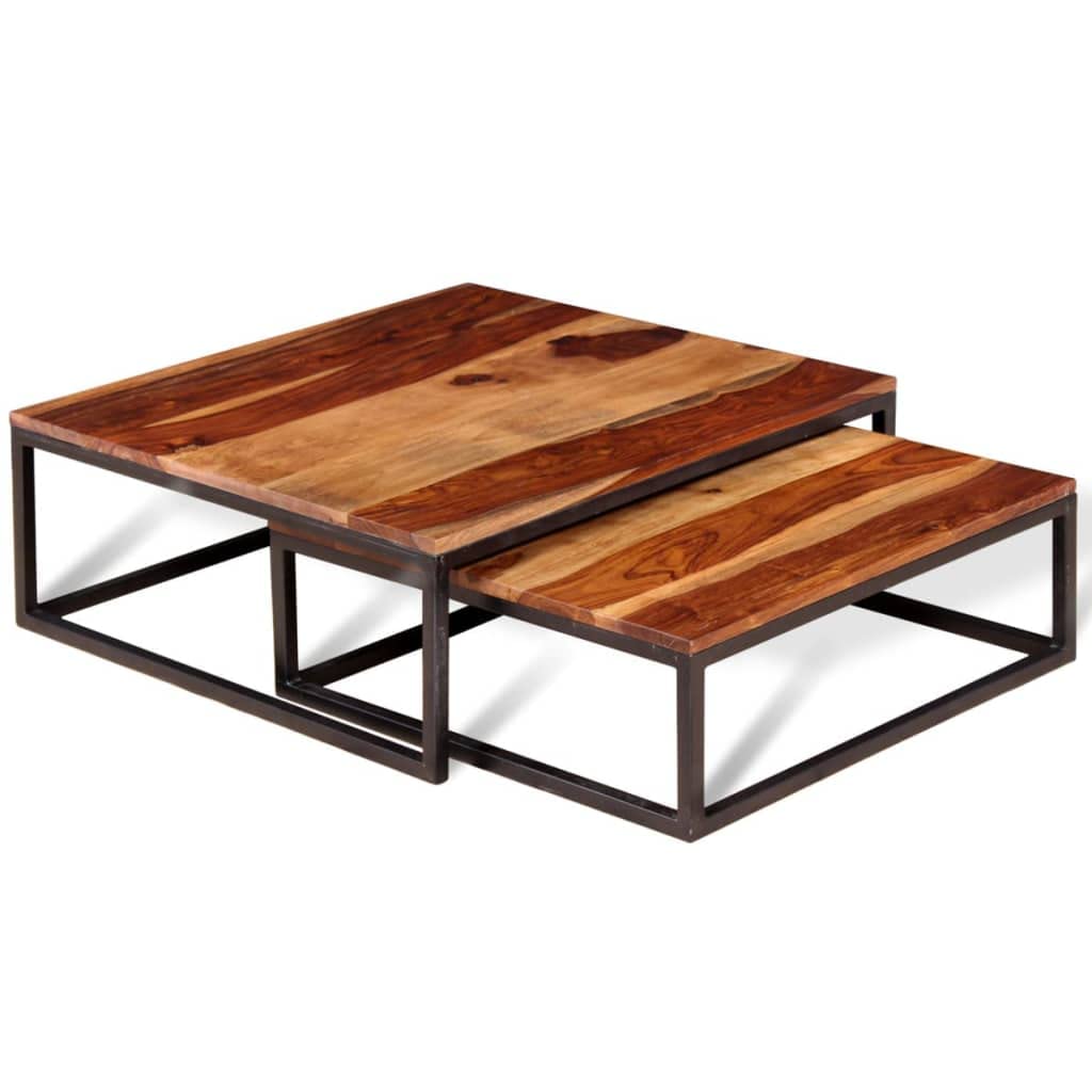 Solid Sheesham Wood Nesting Coffee Table Set with Metal Frame R66843