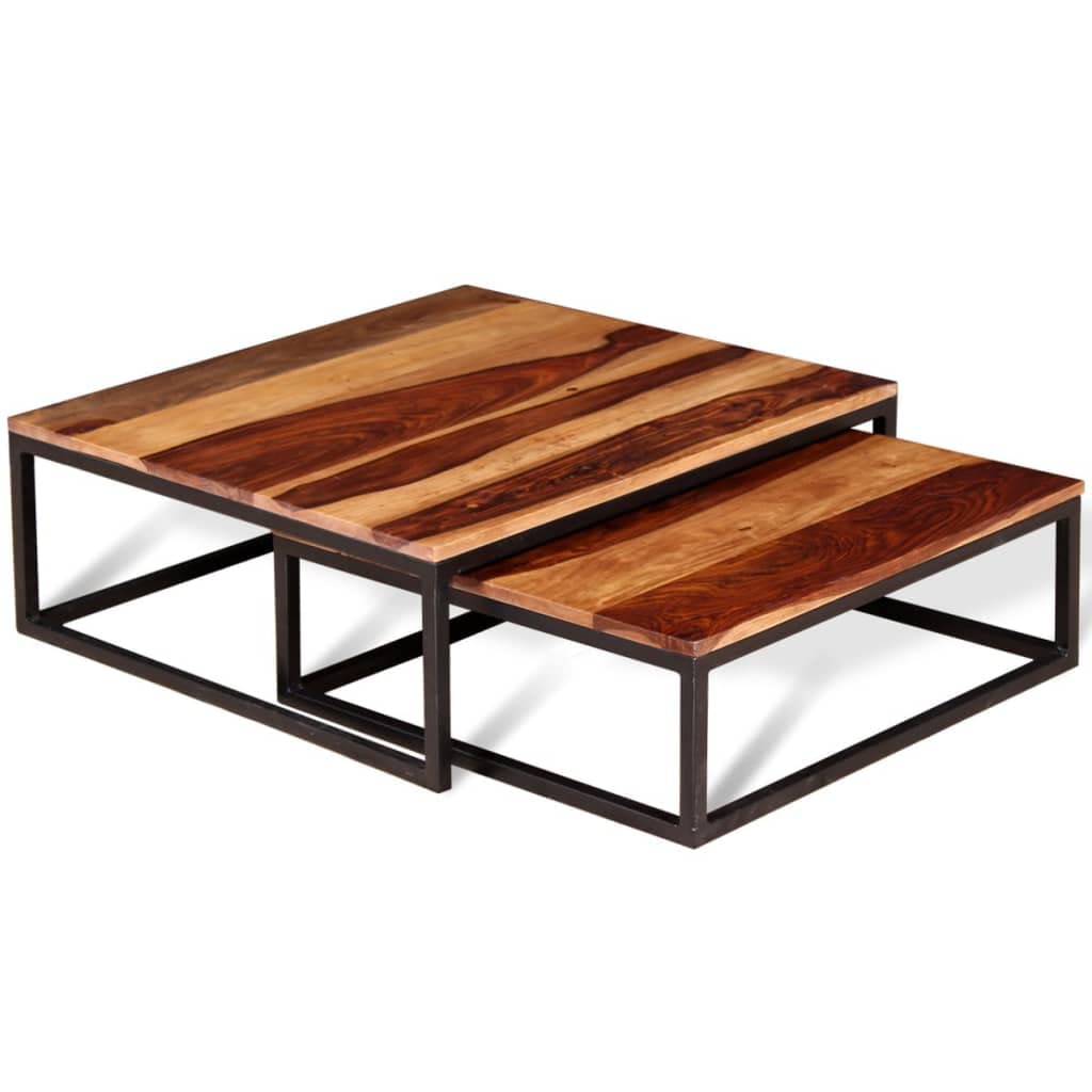 Solid Sheesham Wood Nesting Coffee Table Set with Metal Frame R66843