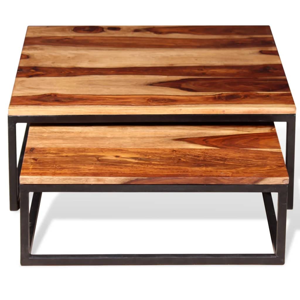 Solid Sheesham Wood Nesting Coffee Table Set with Metal Frame R66843
