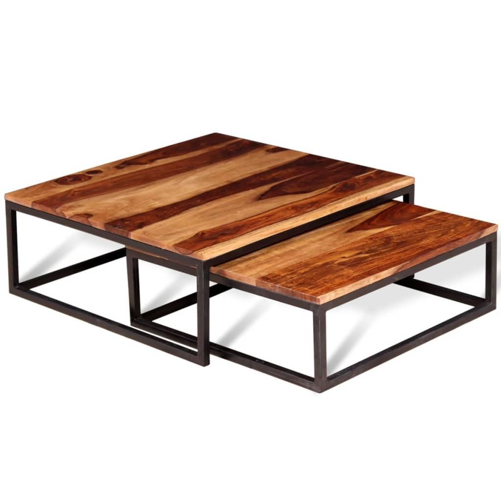 Solid Sheesham Wood Nesting Coffee Table Set with Metal Frame R66843