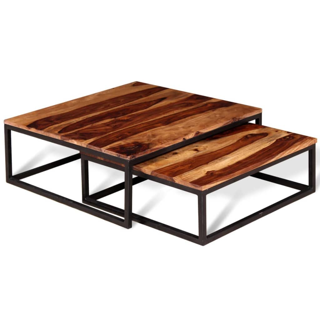 Solid Sheesham Wood Nesting Coffee Table Set with Metal Frame R66843
