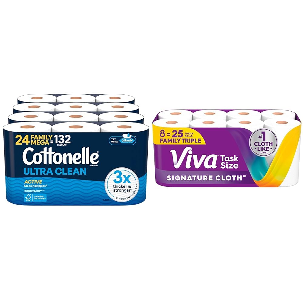 Cottonelle Ultra Clean Toilet Paper 24 Family Mega Rolls and Viva Signature Cloth Paper Towels 8 Family Triple Rolls I378