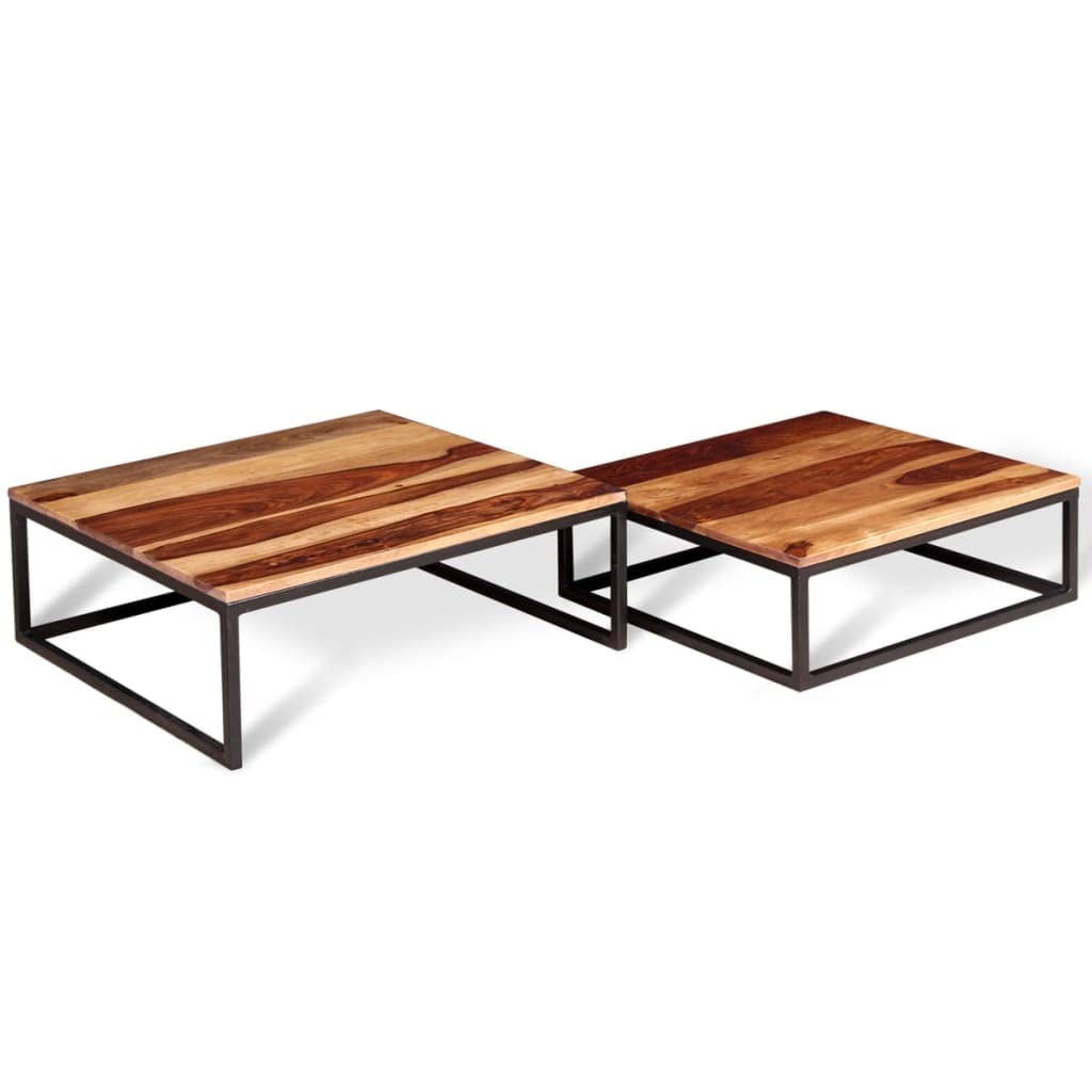 Solid Sheesham Wood Nesting Coffee Table Set with Metal Frame R66843