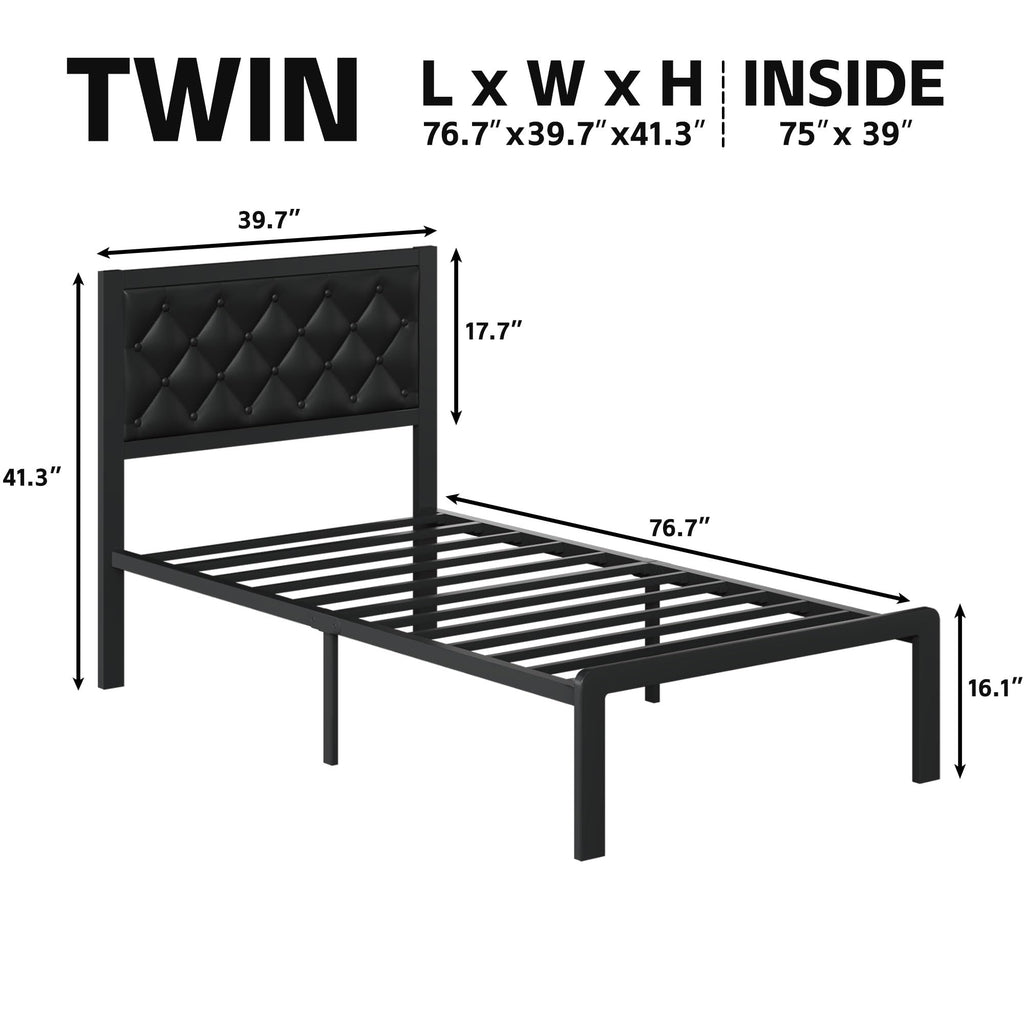 Black PU Leather Upholstered Twin Bed Frame with Headboard L78804