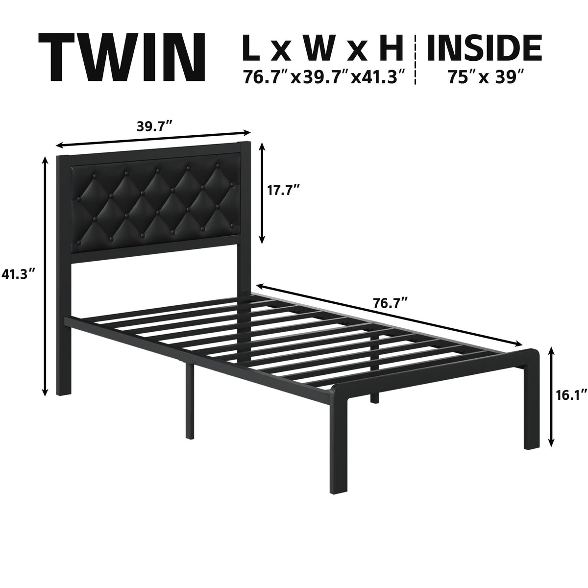Black PU Leather Upholstered Twin Bed Frame with Headboard L78804