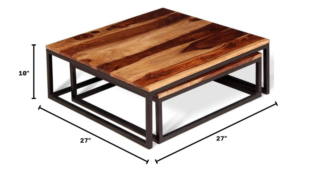 Solid Sheesham Wood Nesting Coffee Table Set with Metal Frame R66843