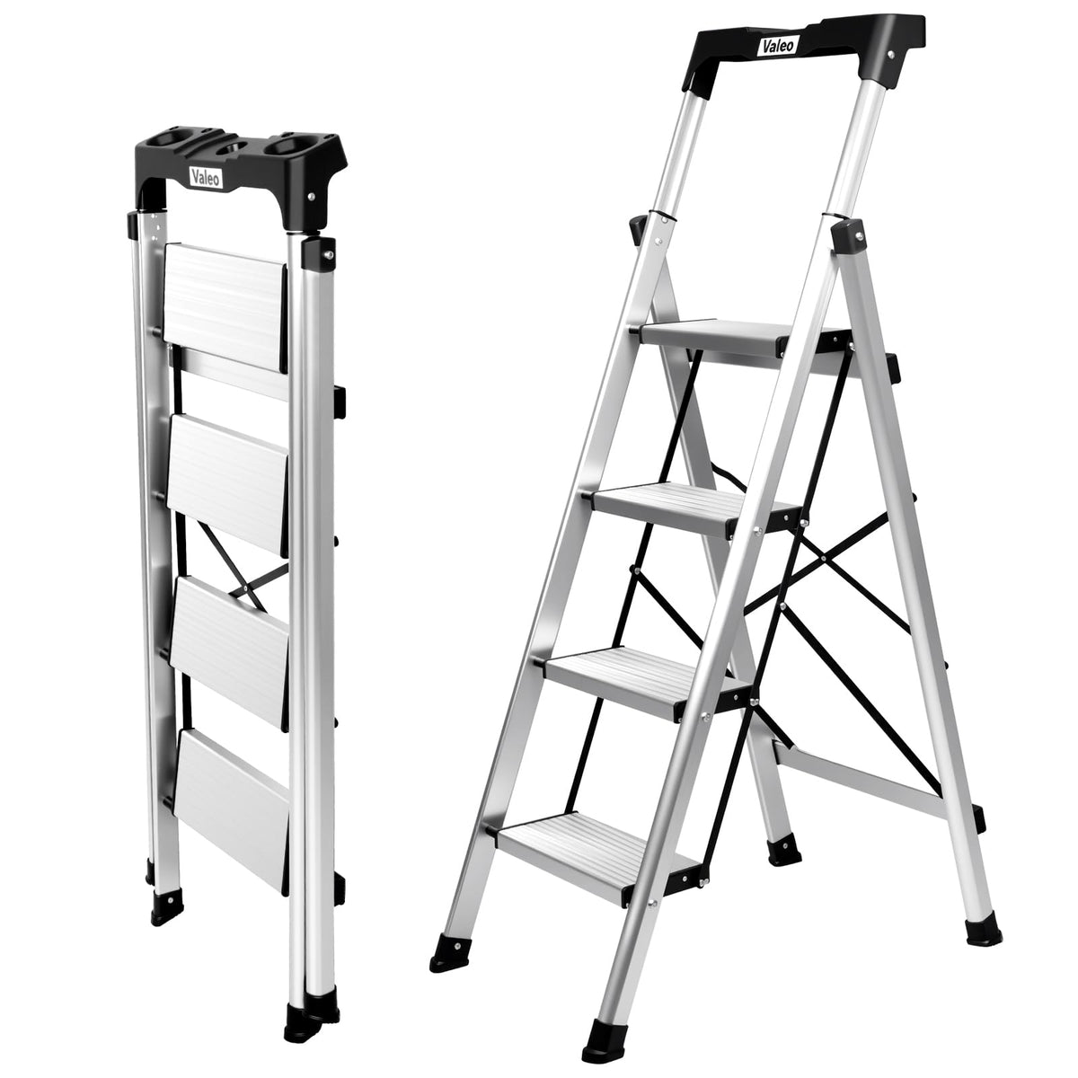 Aluminium 4 Step Ladder with Retractable Handgrip, 330 lbs Capacity, Silver H6982