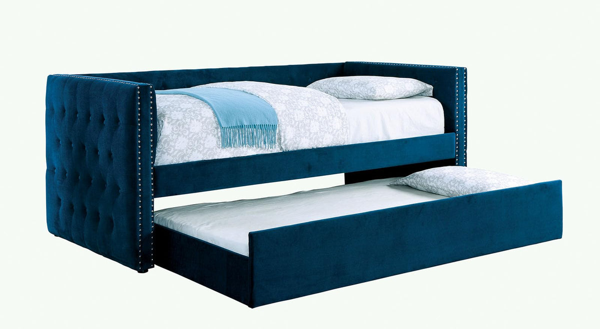 Navy Daybed with Trundle Button Tufted Upholstery R2895