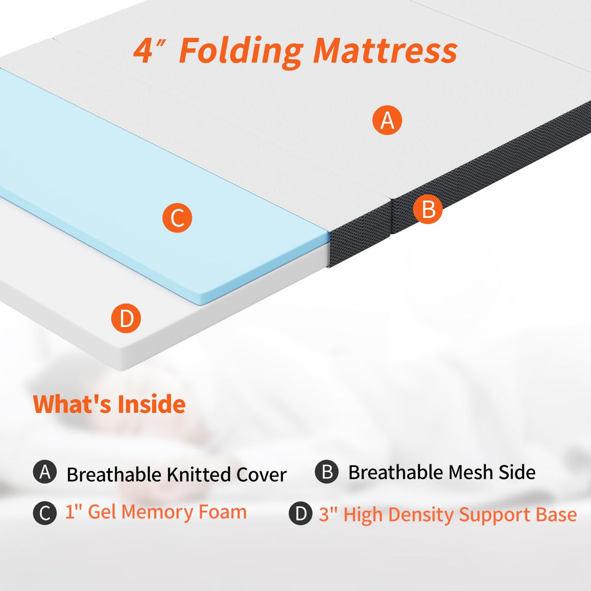 4 inch Tri Fold Memory Foam Mattress Topper with Washable Cover F348