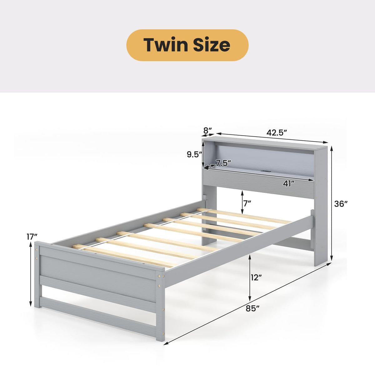 Twin Wood Platform Bed with Storage Headboard and Charging Station S4056
