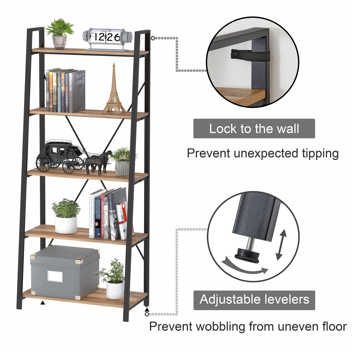 5 Tier Wood and Metal Ladder Bookshelf Q842759