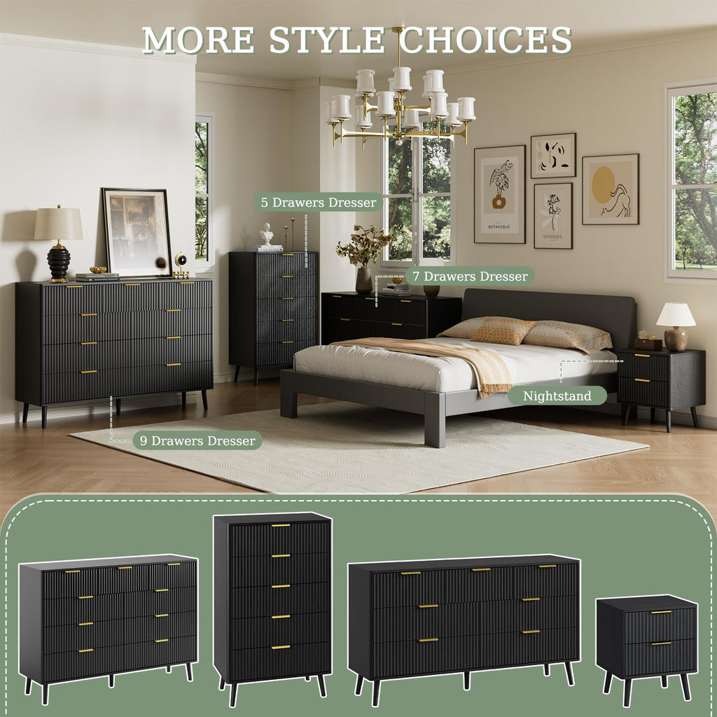 Black 9 Drawer Fluted Wood Dresser X340
