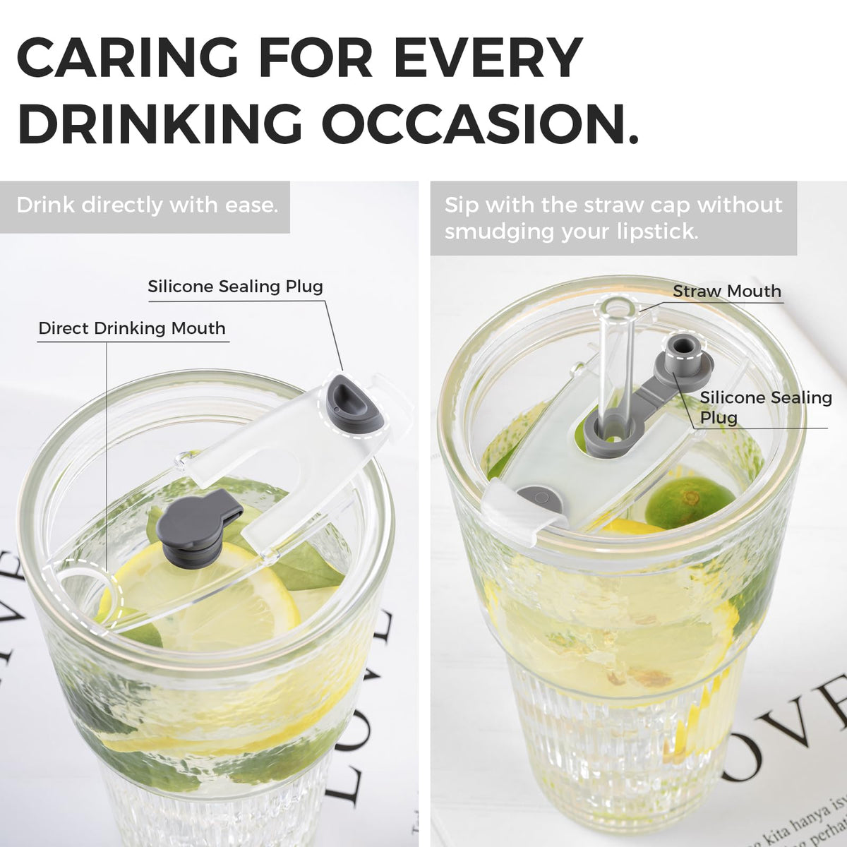 20oz Glass Cups with Lids and Straws, 2 PCS K161