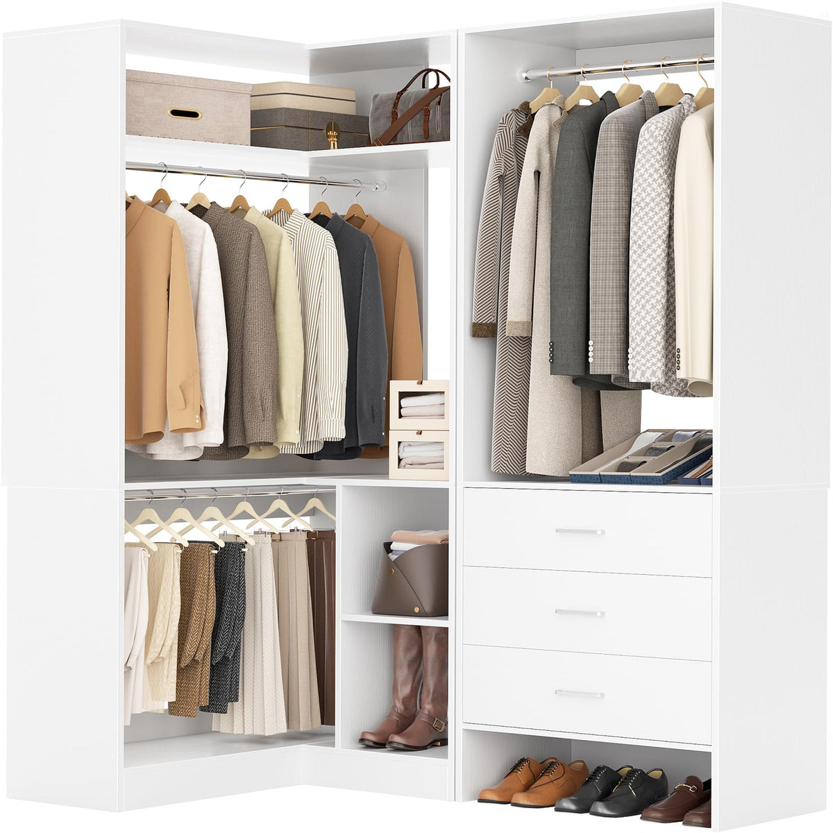 White L-Shaped Closet System with 3 Drawers H434