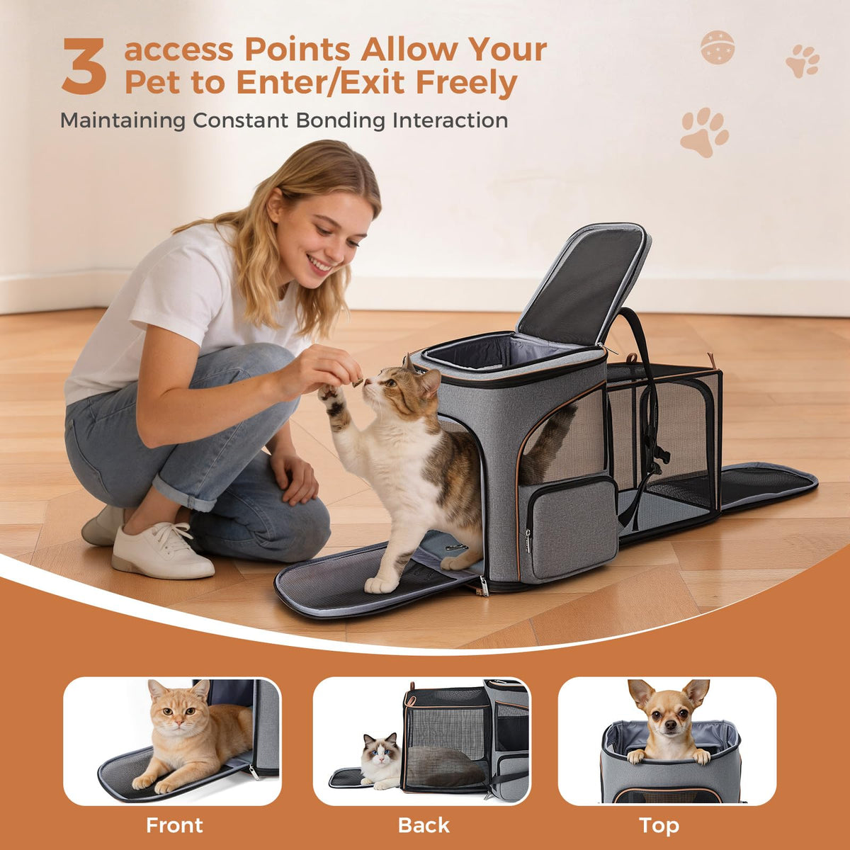 Expandable Foldable Pet Carrier Backpack with Inner Safety Leash, Grey E8026