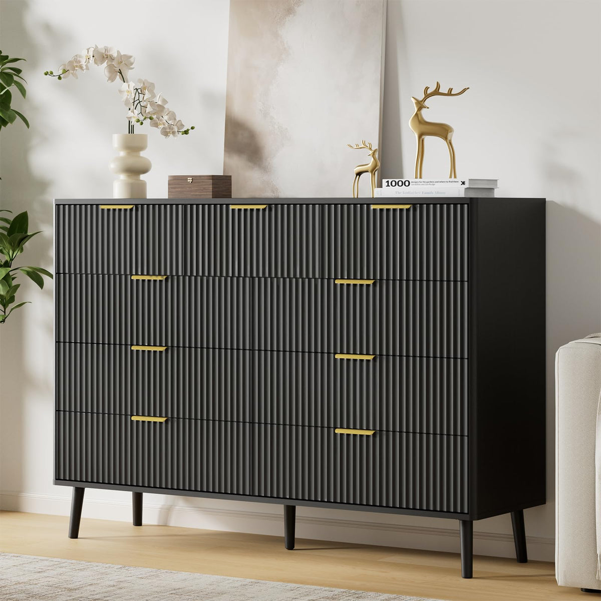Black 9 Drawer Fluted Wood Dresser X340