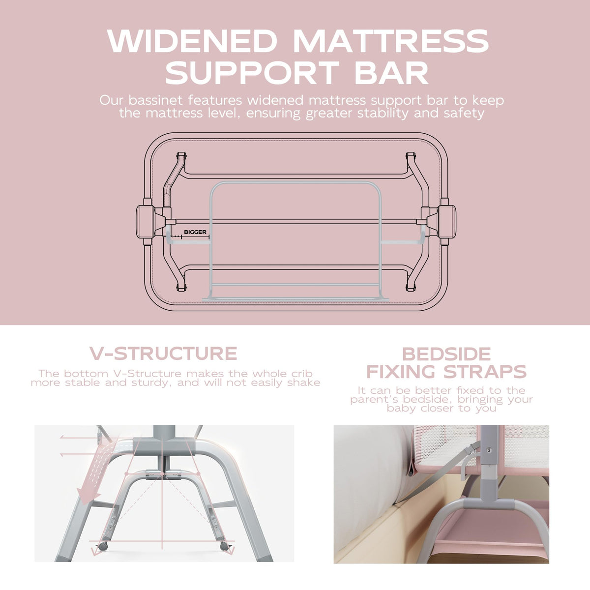 Baby Bassinet Bedside Crib with Mattress & Sheet, 4-Sided Mesh, Pink G205