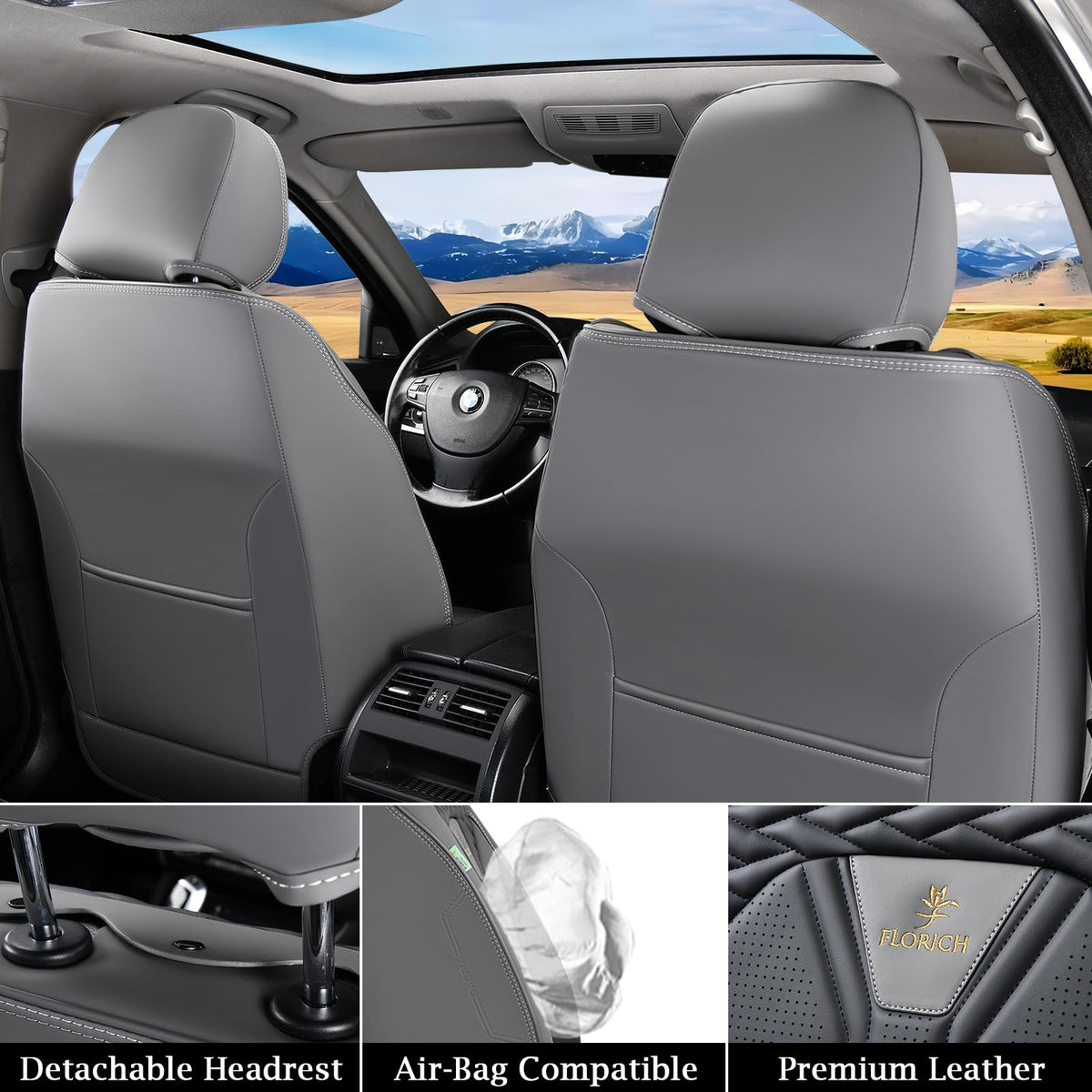 Leather Seat Covers Full Set 5 Seats Gray Black A8684