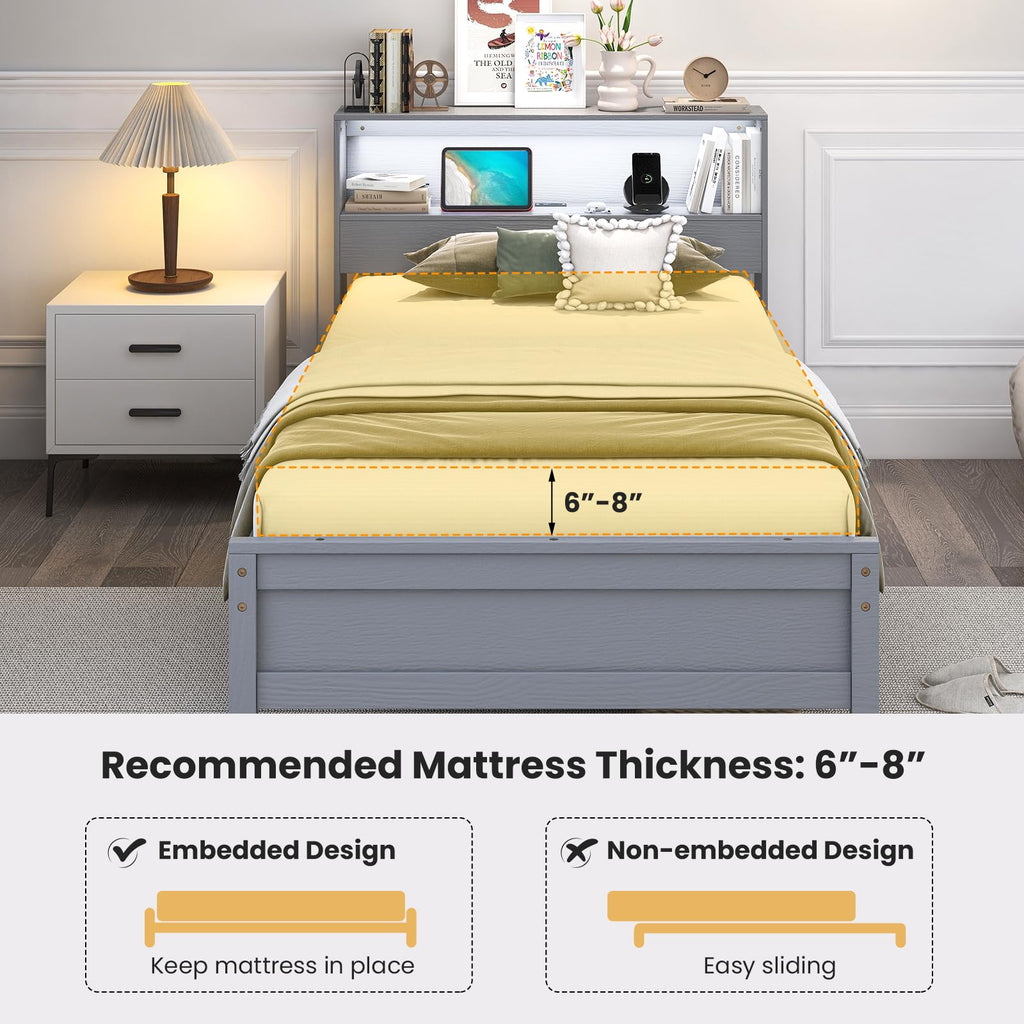 Twin Wood Platform Bed with Storage Headboard and Charging Station S4056