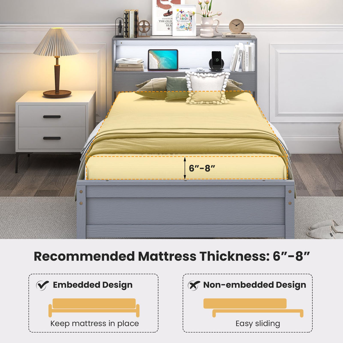 Twin Wood Platform Bed with Storage Headboard and Charging Station S4056
