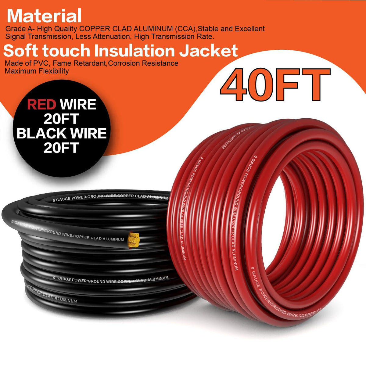 1/0 Gauge Battery Cable Kit 40ft Red/Black CCA Wire M190