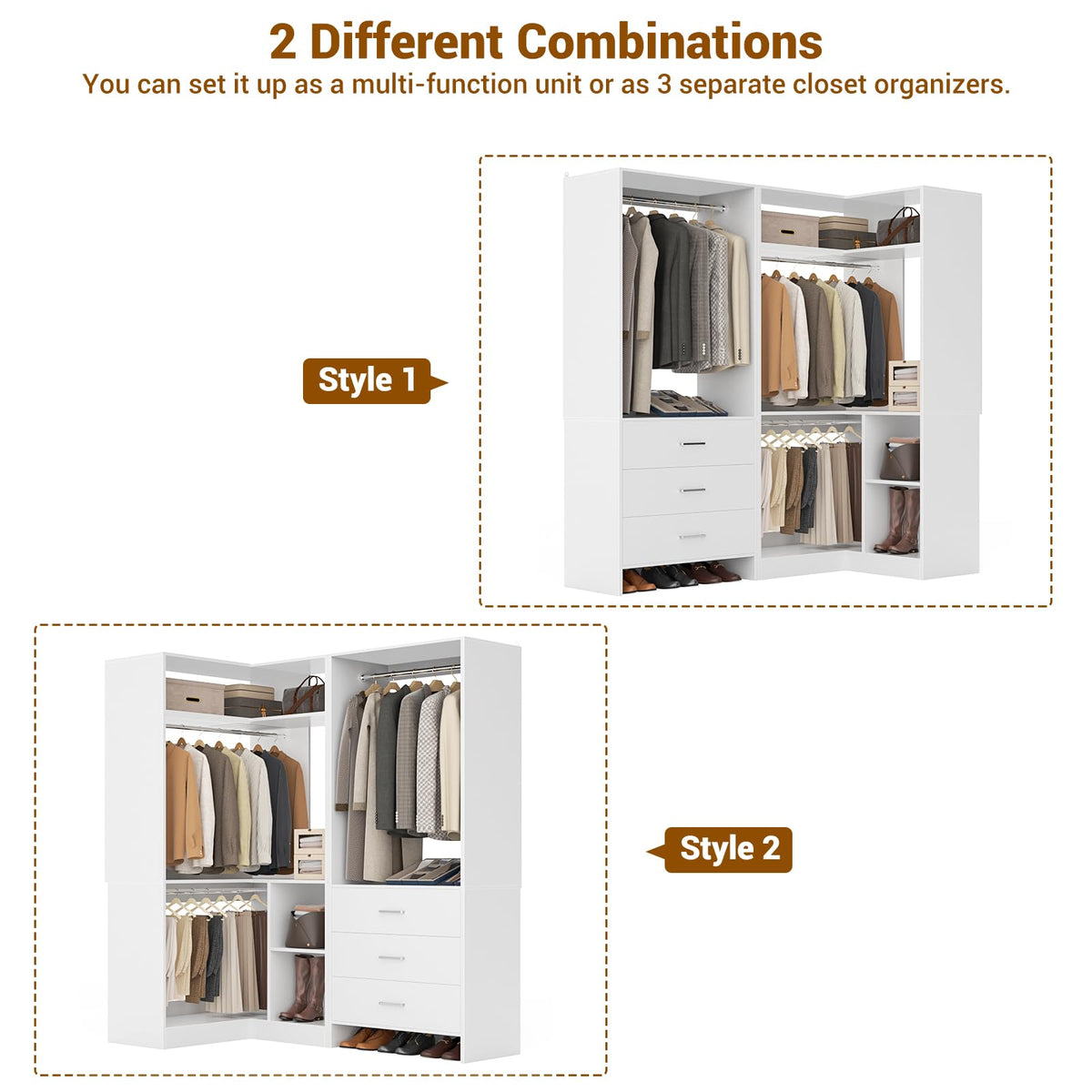White L-Shaped Closet System with 3 Drawers H434