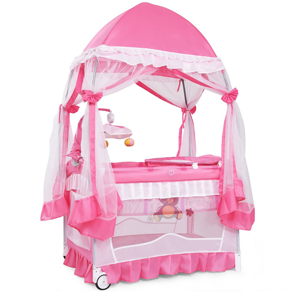 4 in 1 Pack and Play with Canopy, Portable Playard with Bassinet J564