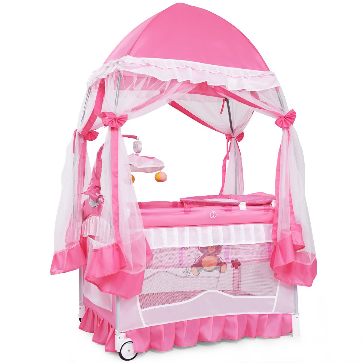4 in 1 Pack and Play with Canopy, Portable Playard with Bassinet J564