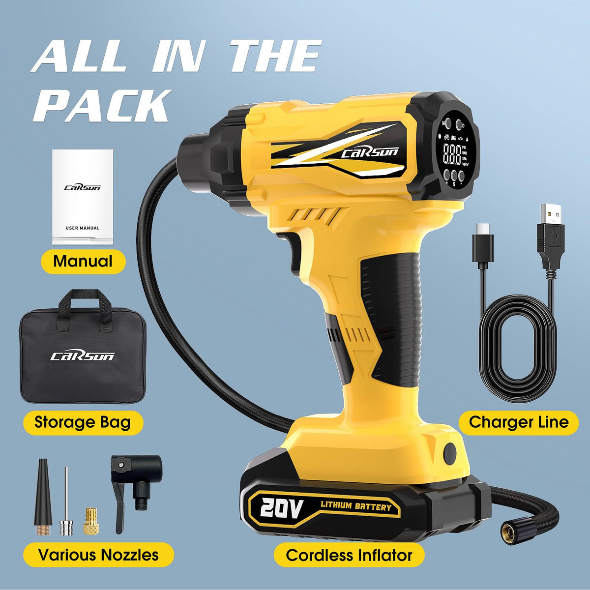 20V Cordless Portable Air Compressor 150 PSI Yellow C8236