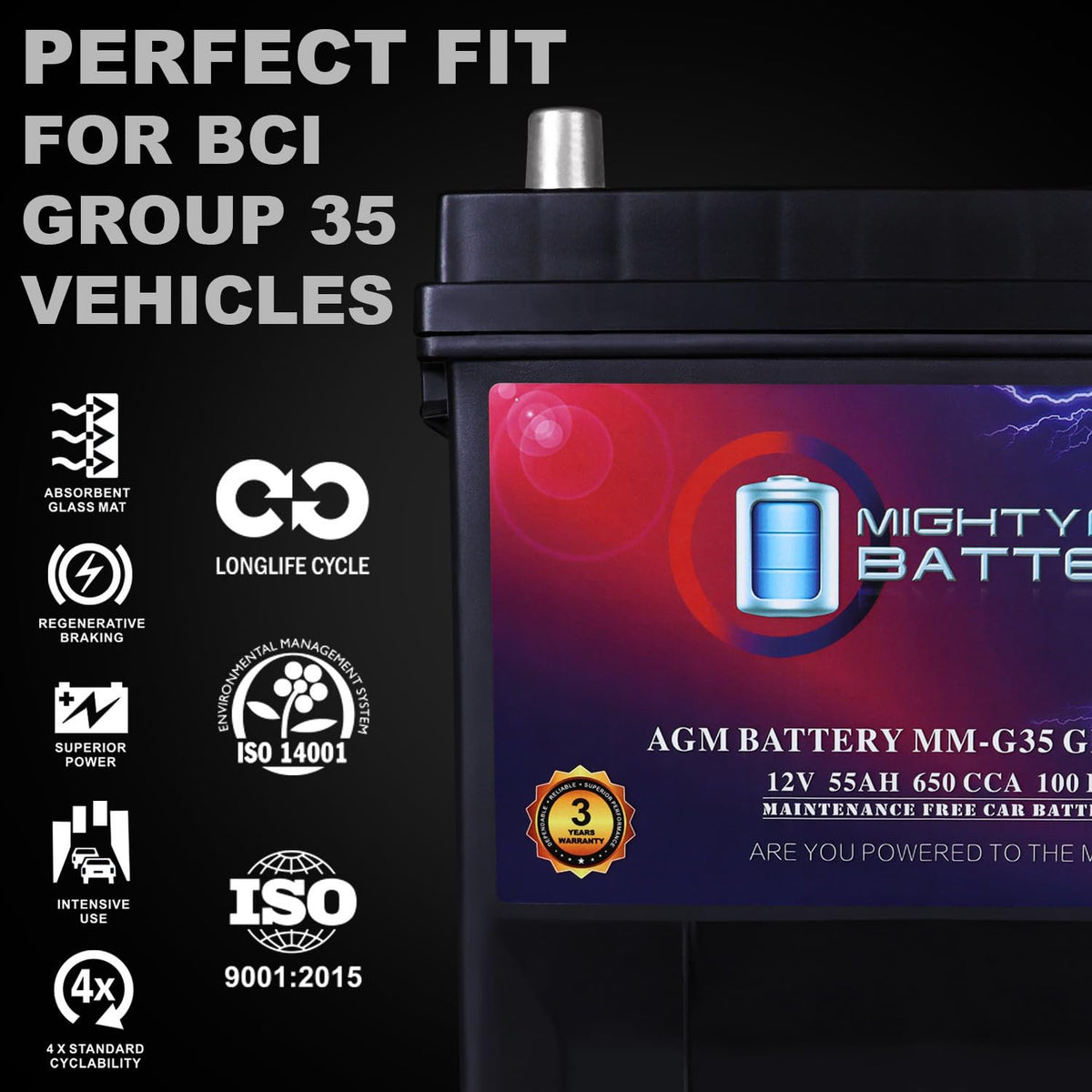 12V 55Ah AGM 650 CCA Group Size 35 Battery K855434
