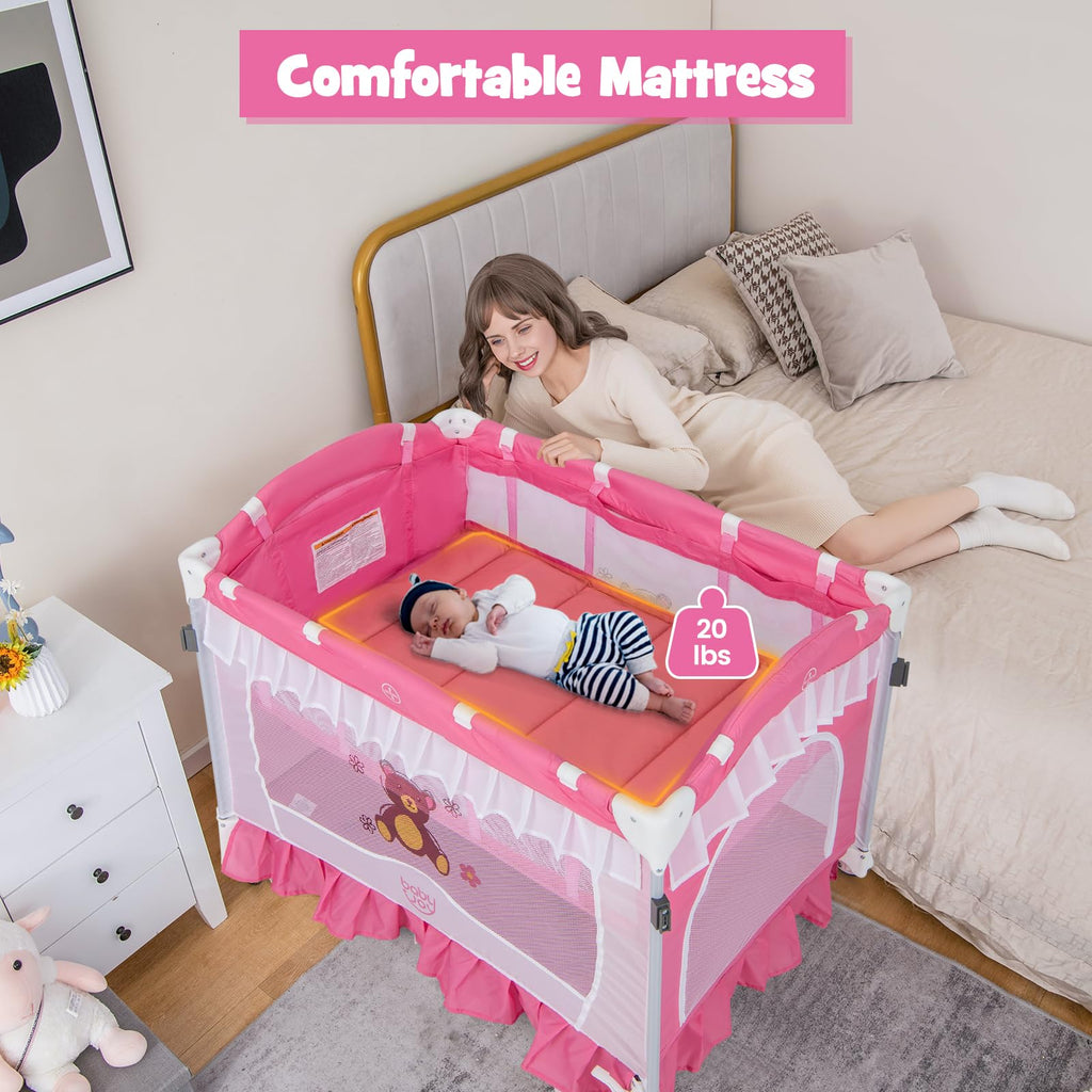 4 in 1 Pack and Play with Canopy, Portable Playard with Bassinet J564