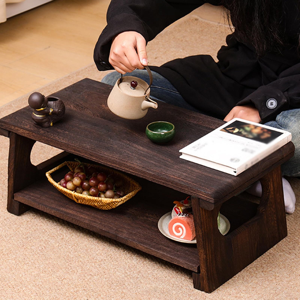 Mid-Century Foldable Coffee Table with Shelf 60x30x22cm M606794
