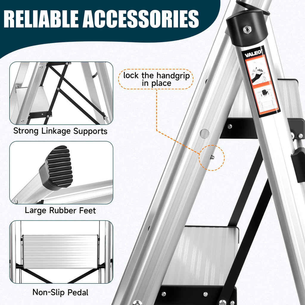 Aluminium 4 Step Ladder with Retractable Handgrip, 330 lbs Capacity, Silver H6982
