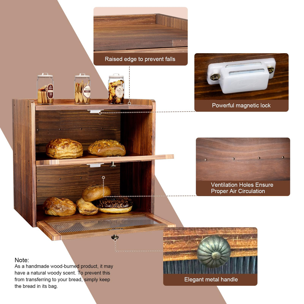 Large 2 Layer Wooden Bread Box with Window L644