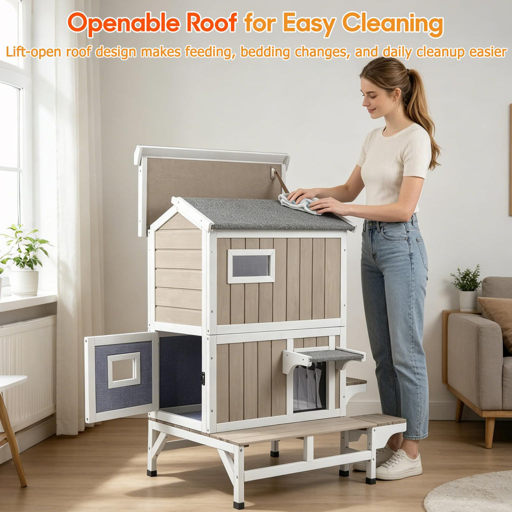 Insulated Outdoor Cat House 2-Story Wooden Shelter H688945
