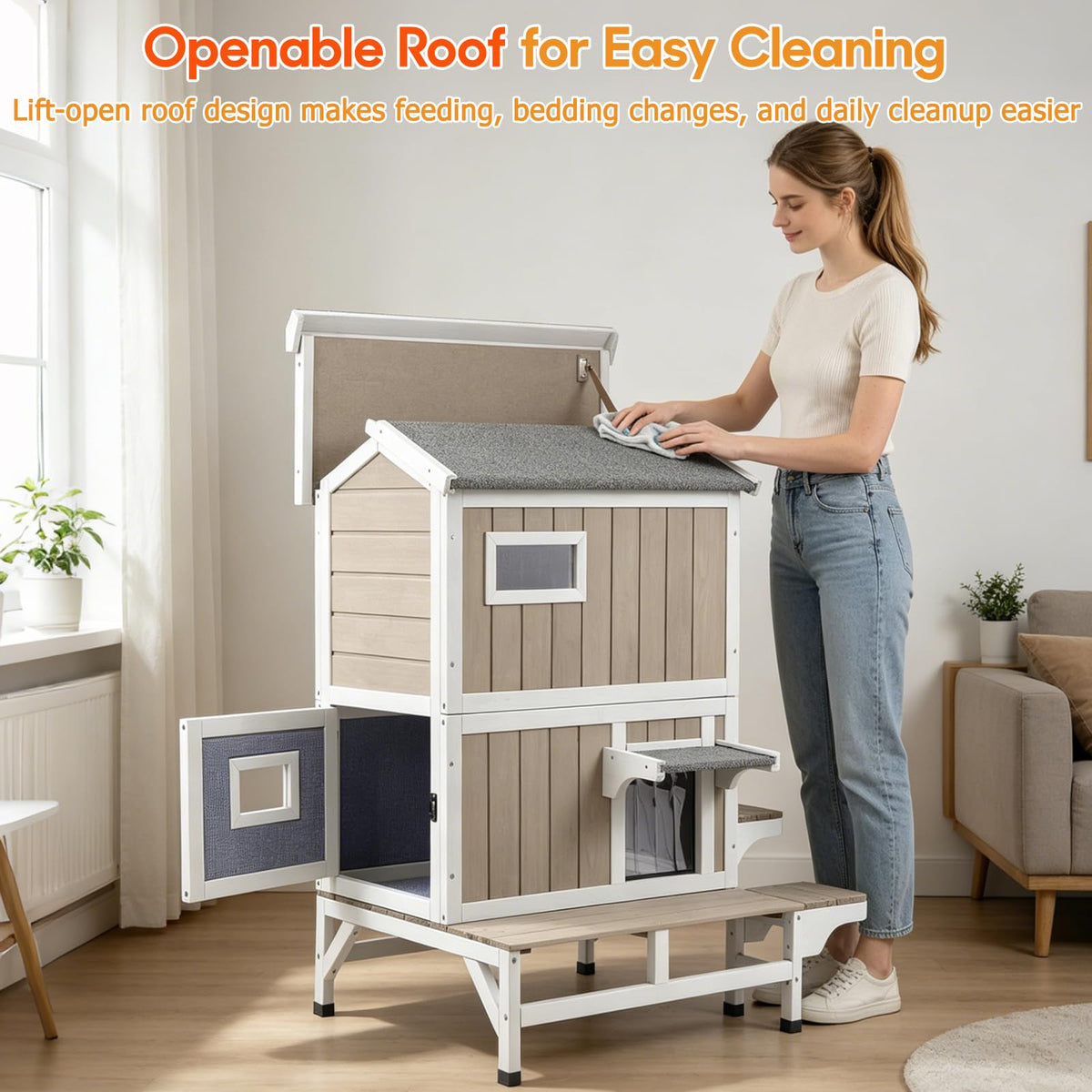 Insulated Outdoor Cat House 2-Story Wooden Shelter H688945