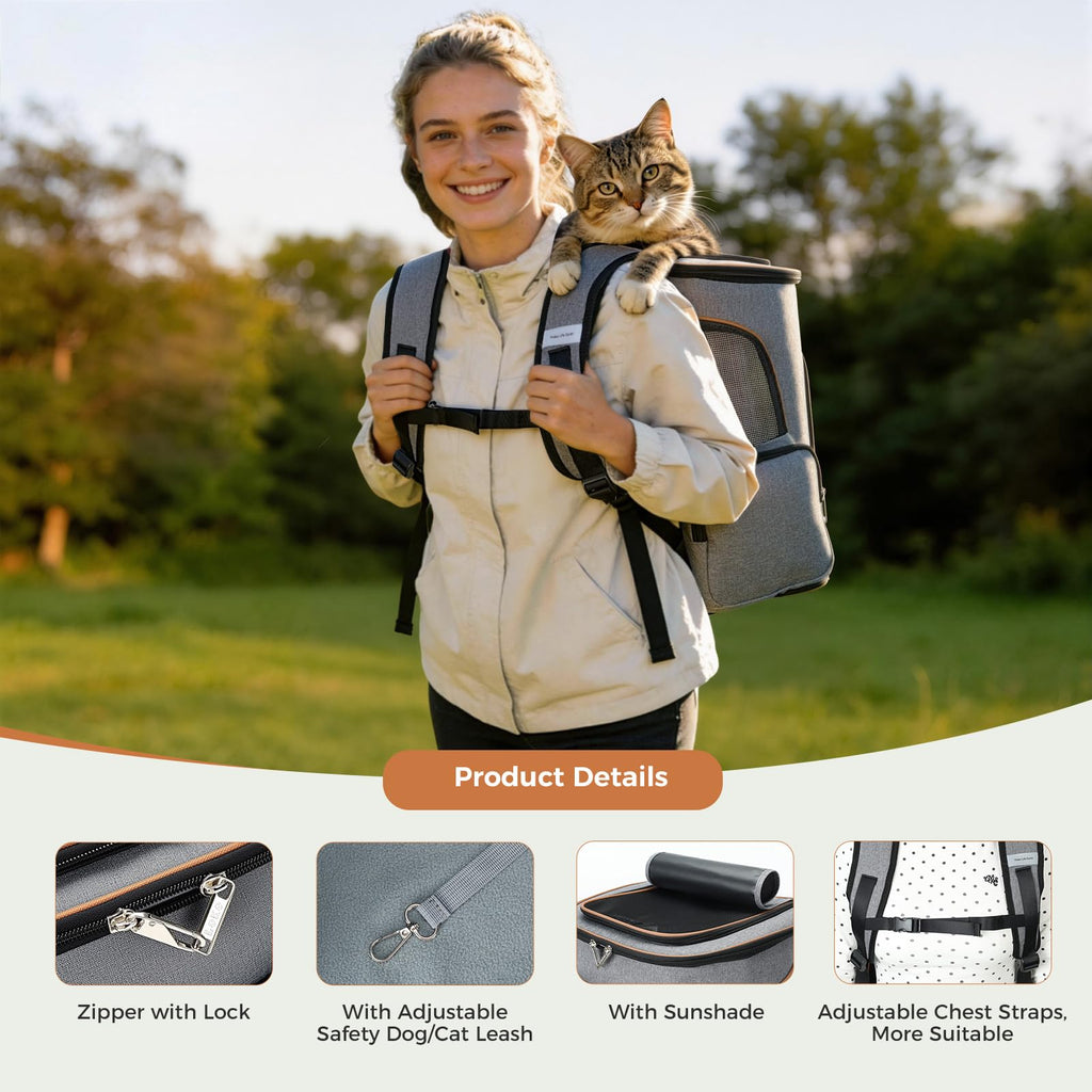 Expandable Foldable Pet Carrier Backpack with Inner Safety Leash, Grey E8026