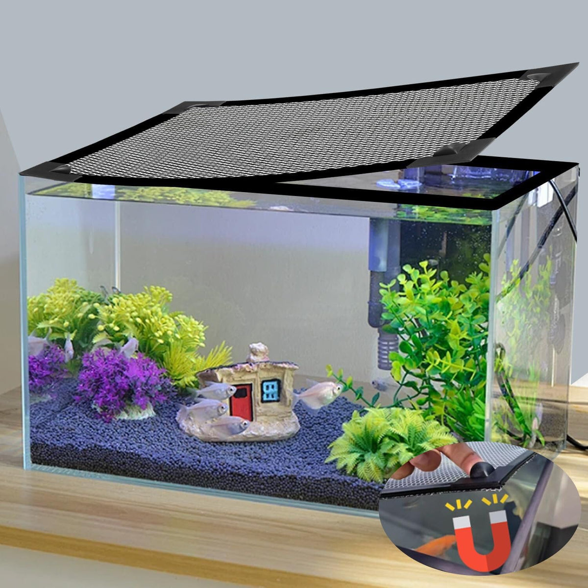 Magnetic Aquarium Cover Lid Anti-Jumping Net Adjustable Max 35''X19'' B16088