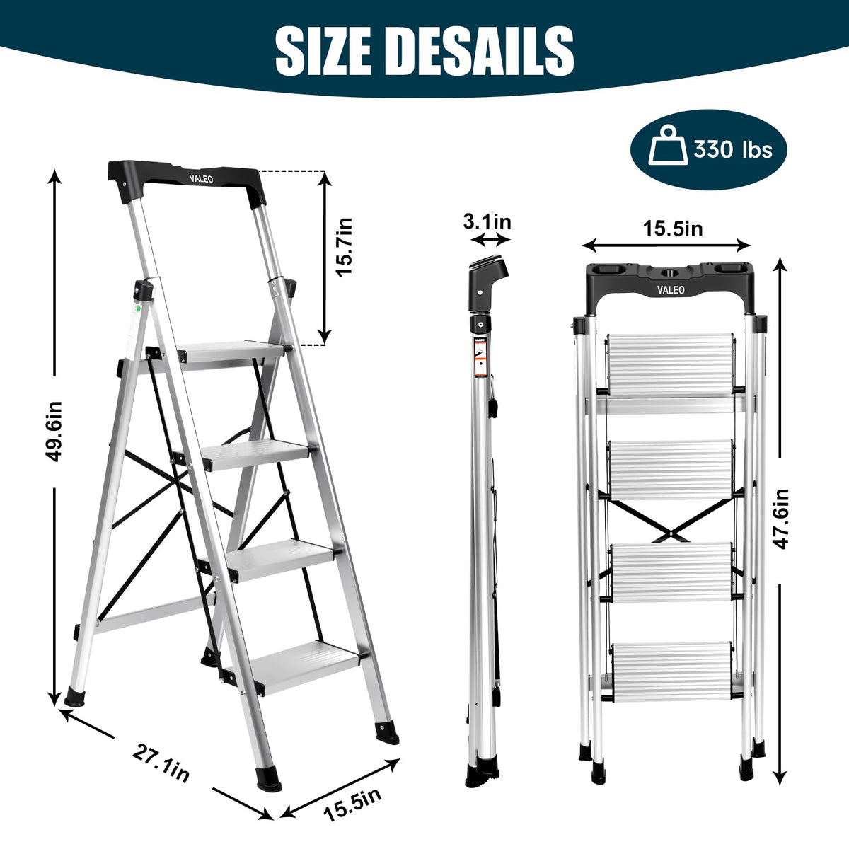 Aluminium 4 Step Ladder with Retractable Handgrip, 330 lbs Capacity, Silver H6982