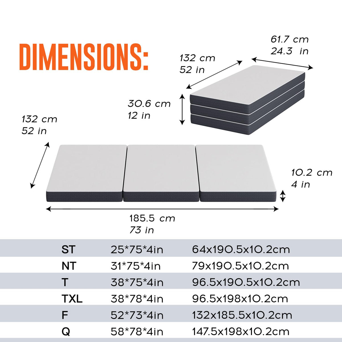 4 inch Tri Fold Memory Foam Mattress Topper with Washable Cover F348
