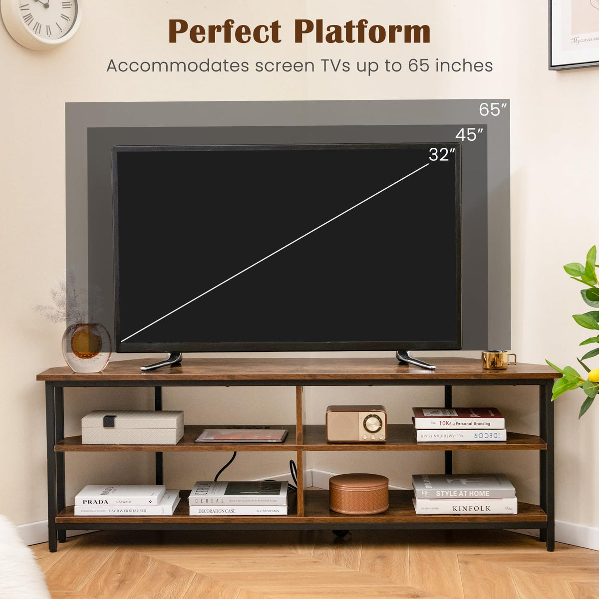 Corner TV Stand for TVs up to 65" with AC Outlets and Storage Shelves G29250