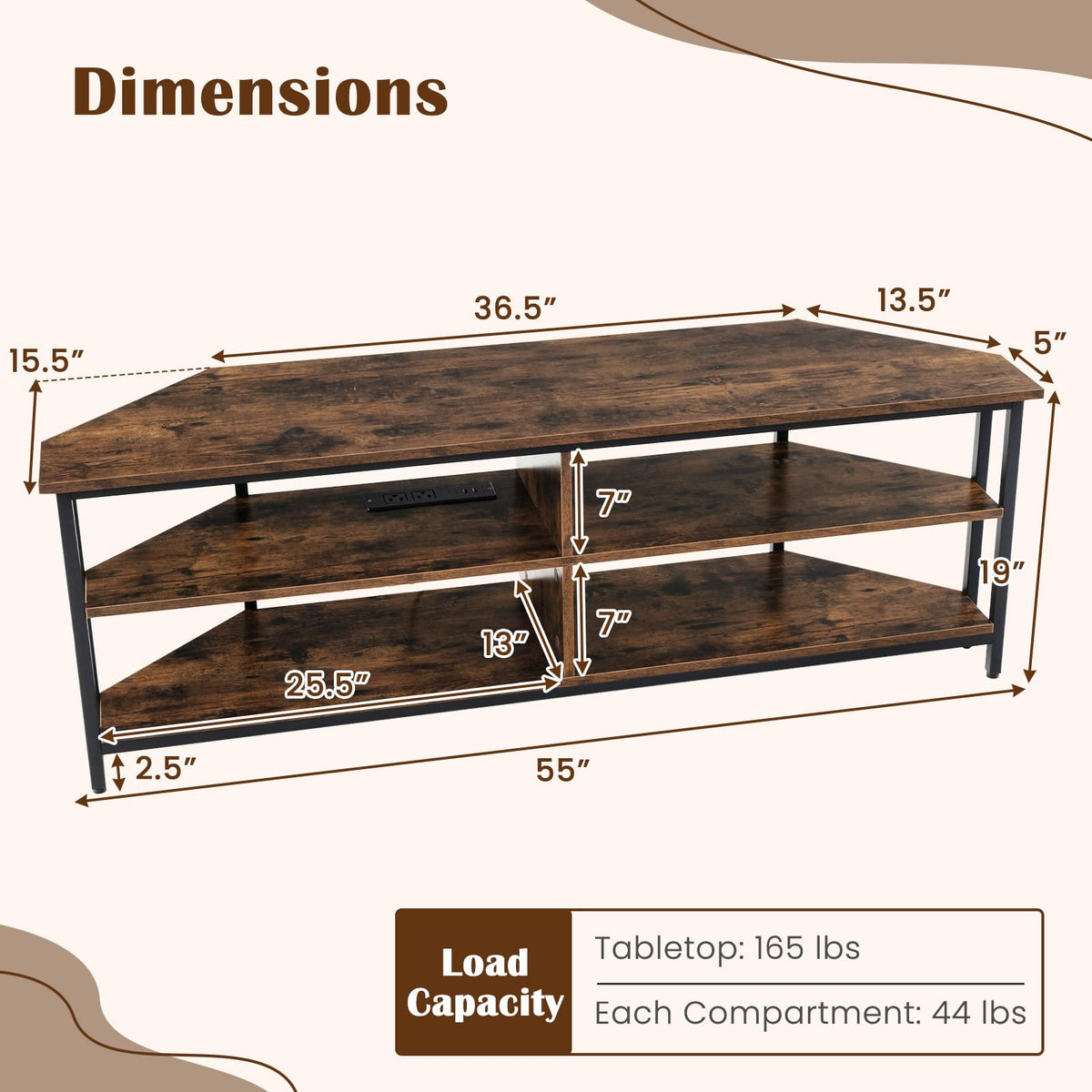 Corner TV Stand for TVs up to 65" with AC Outlets and Storage Shelves G29250