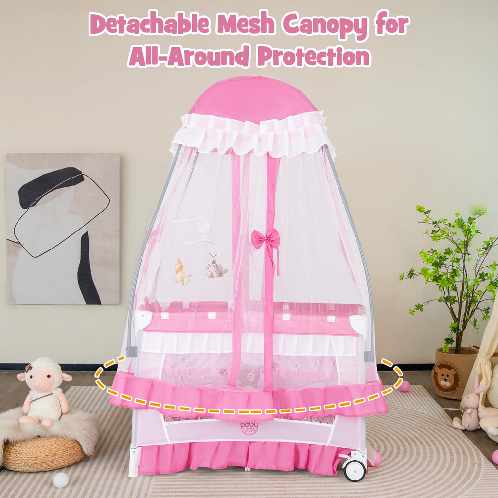 4 in 1 Pack and Play with Canopy, Portable Playard with Bassinet J564