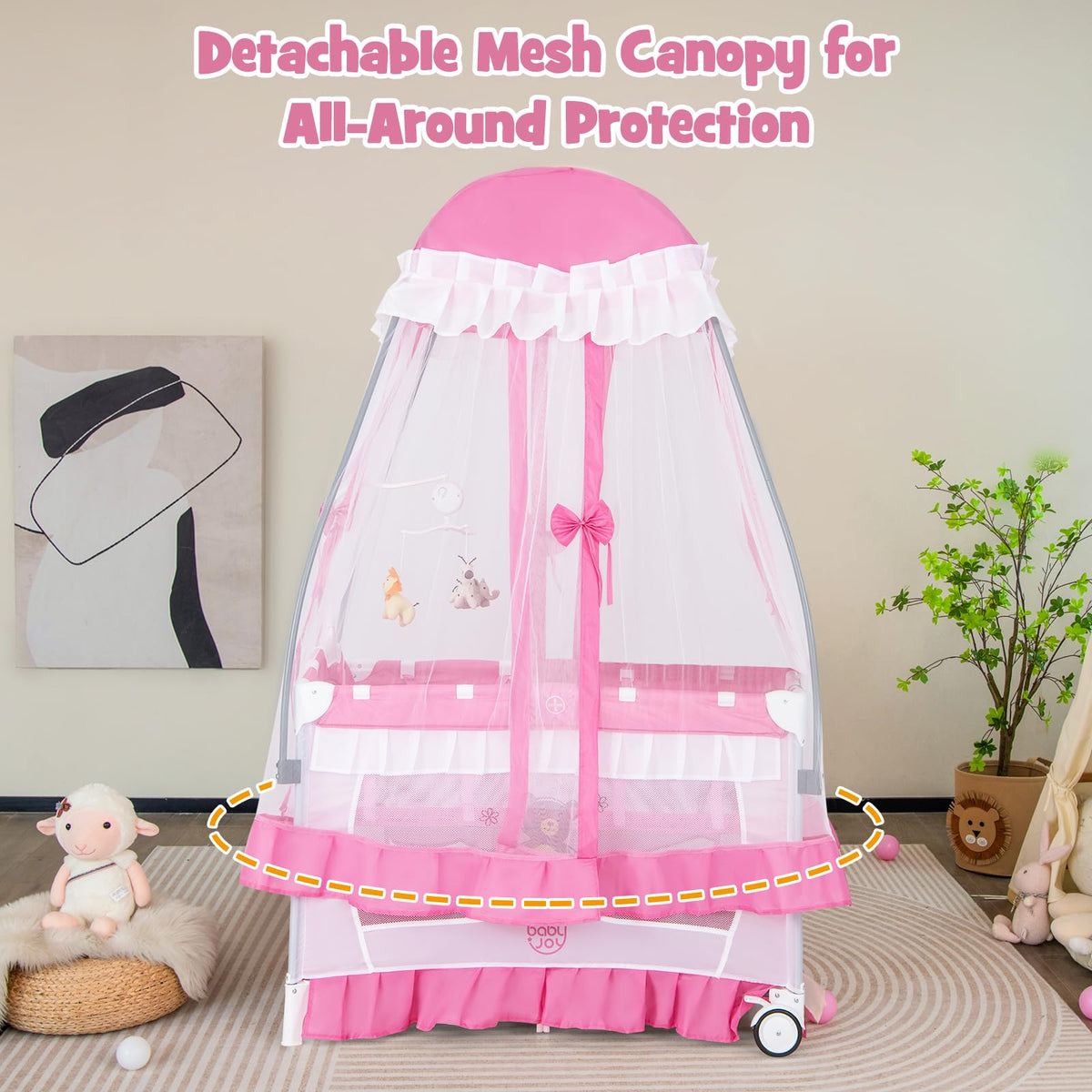 4 in 1 Pack and Play with Canopy, Portable Playard with Bassinet J564