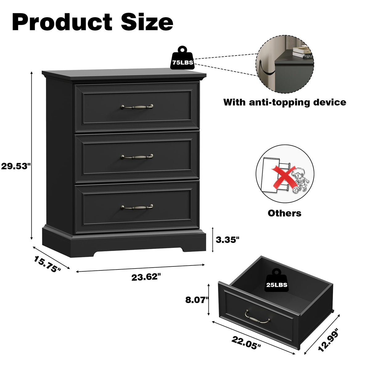 Black 3 Drawer Wood Dresser V848841