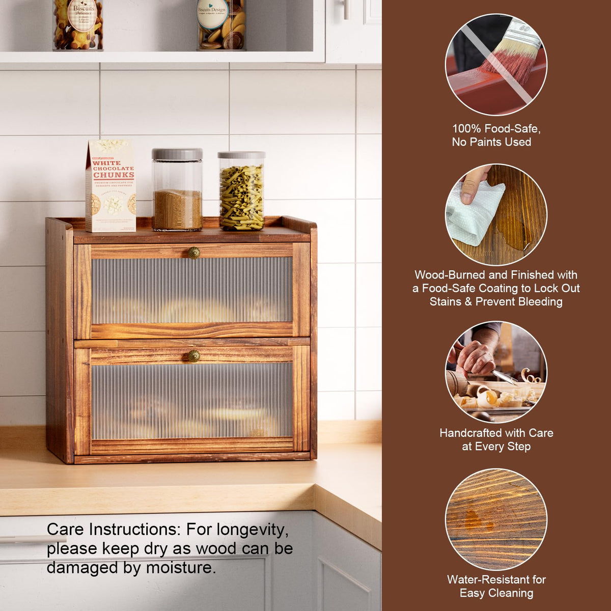 Large 2 Layer Wooden Bread Box with Window L644