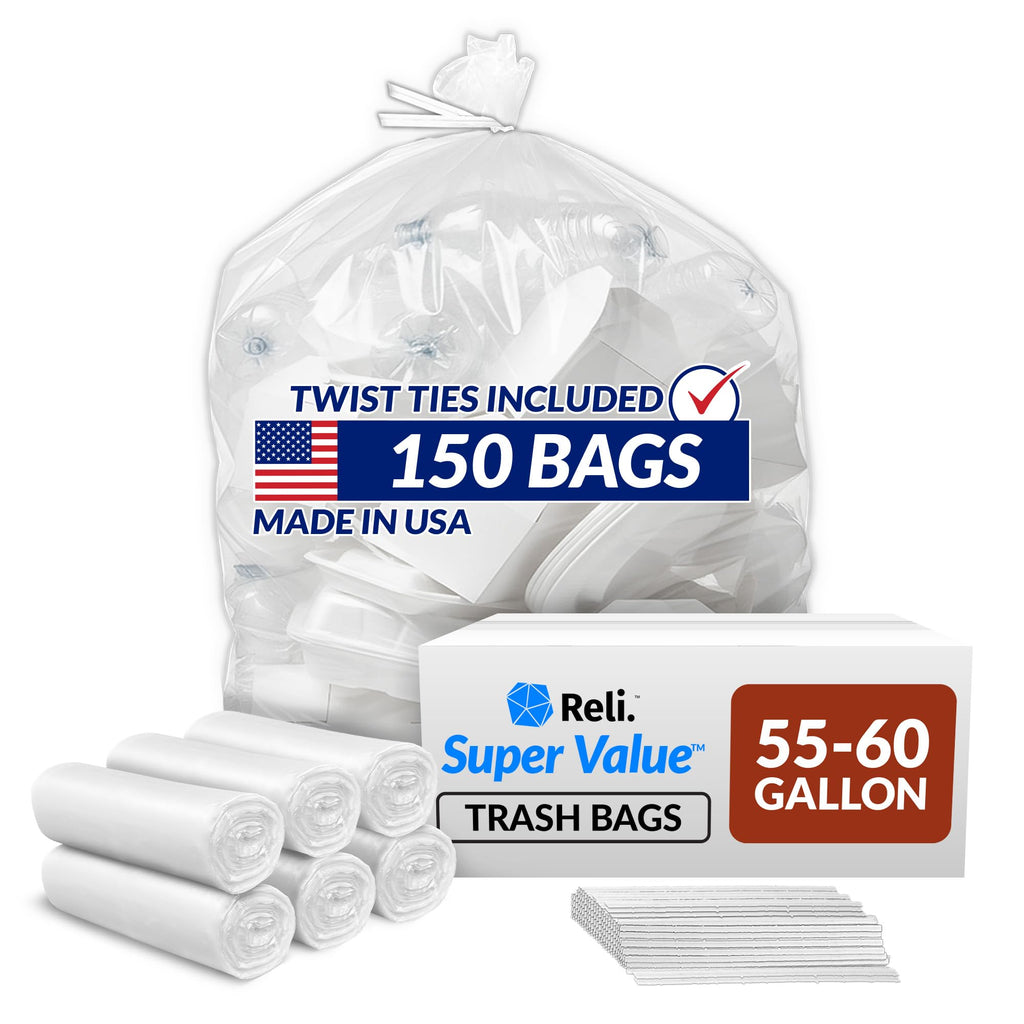 55-60 Gallon Heavy Duty Clear Trash Bags with Ties T781976