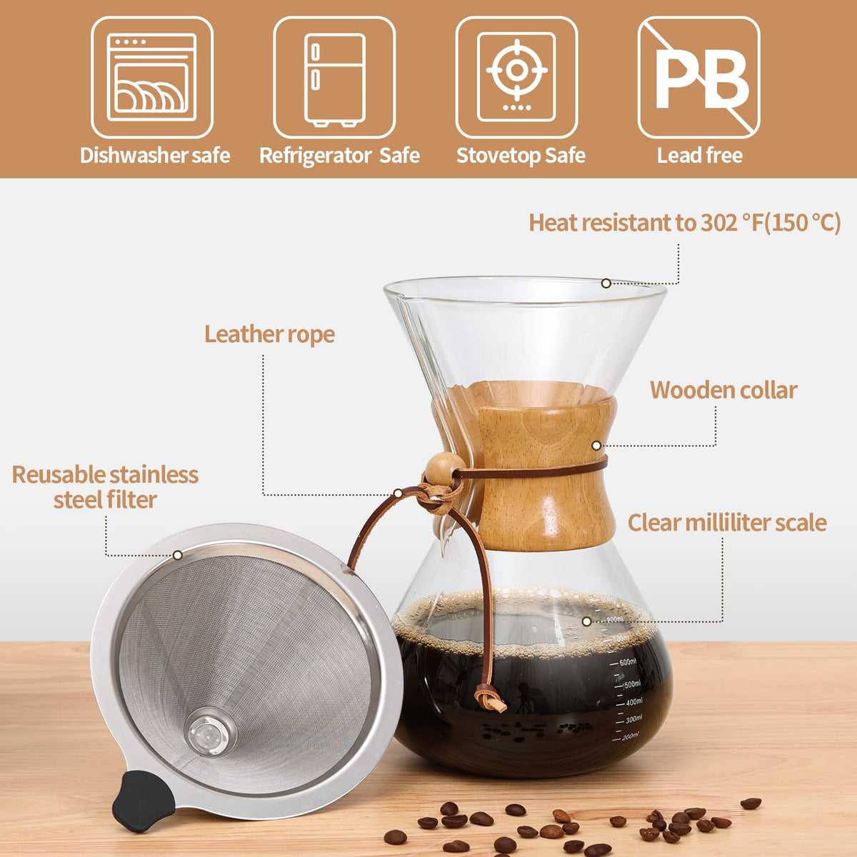 34 OZ Borosilicate Glass Pour Over Coffee Maker with Reusable Stainless Steel Filter N56980