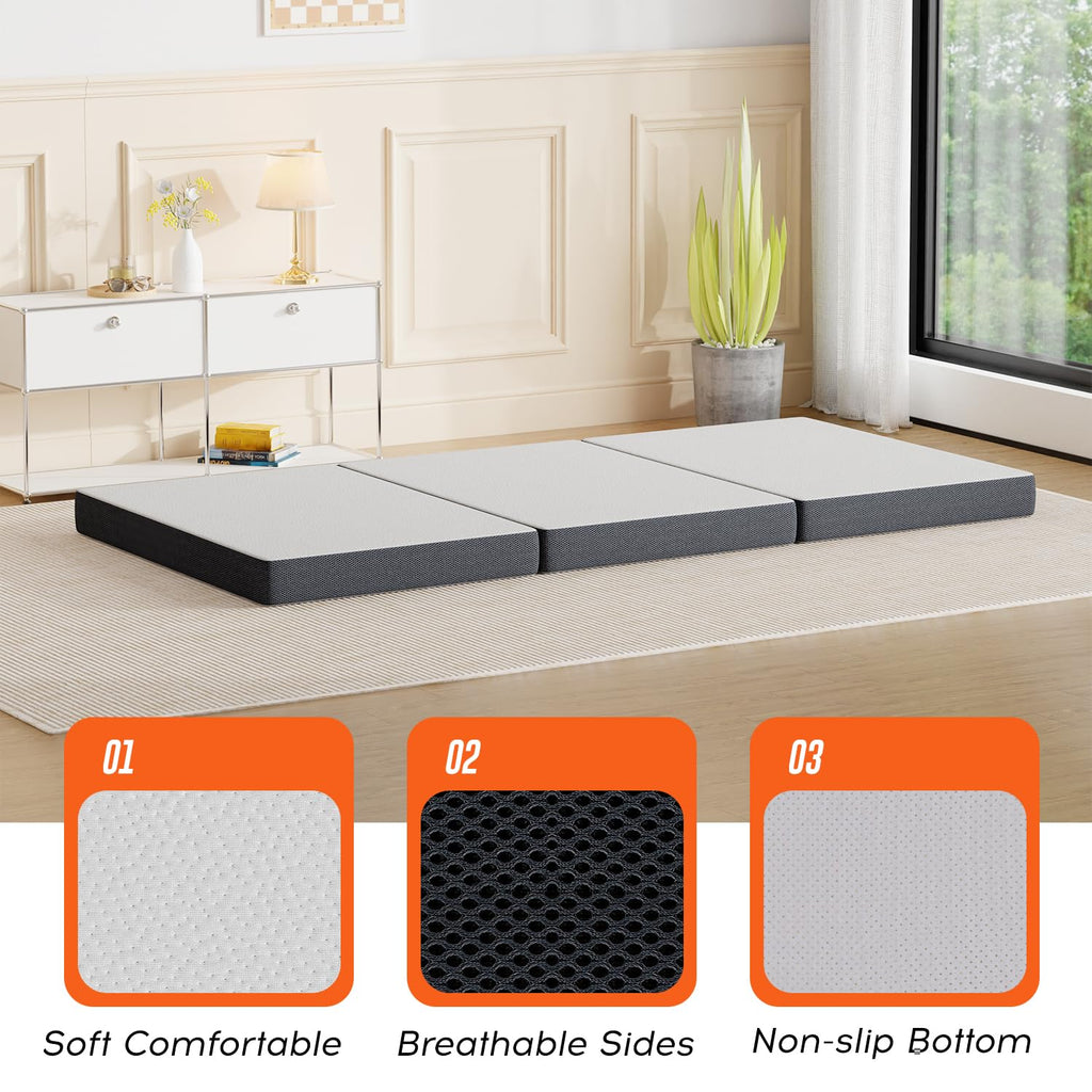 4 inch Tri Fold Memory Foam Mattress Topper with Washable Cover F348